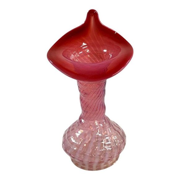 Fenton Cranberry White Pink Red Spiral Jack in The Pulpit Glass Vase Ruffle Rim - Picture 1 of 6